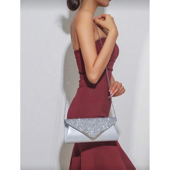 Silver Glitter Evening Clutch and Rhinestone Jewelry Set Wedding Prom 4-Piece